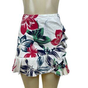 Aqua Women's White Tropical & Floral Wrap Mini Skirt With Ruffle Sz S - New